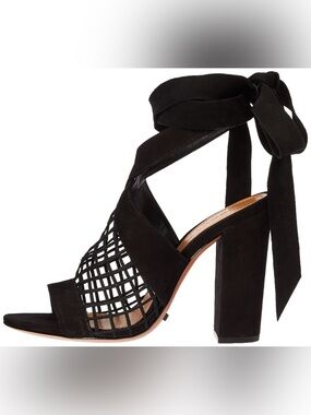 SCHUTZ Black Suede Cage Lace-Up Block Heel Sandals with Ankle Tie